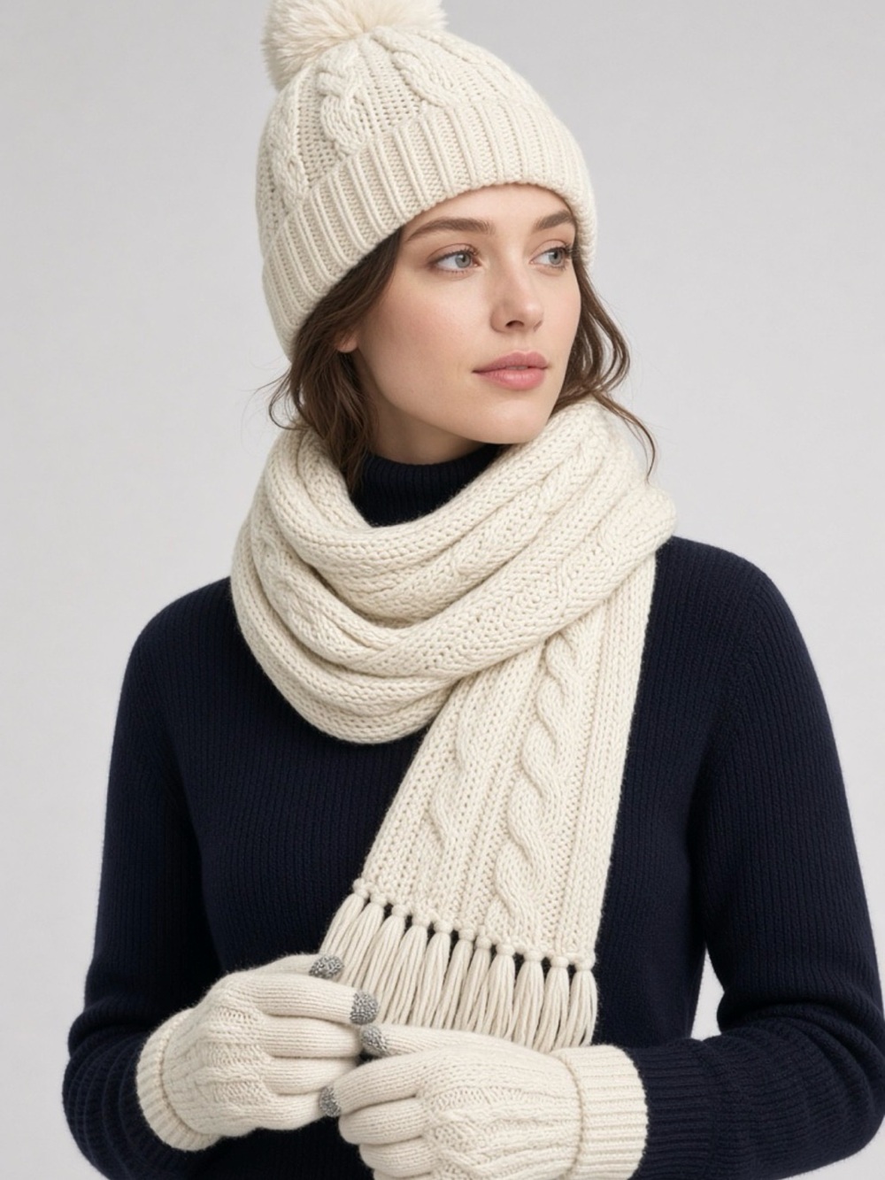 Cream Cable-Knit Pom Beanie, Scarf & Glove Set